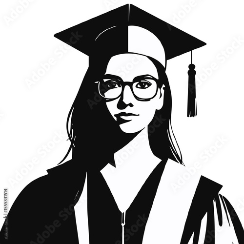 Vector illustration Young female student in glasses wearing a graduation cap and gown in a minimalist style