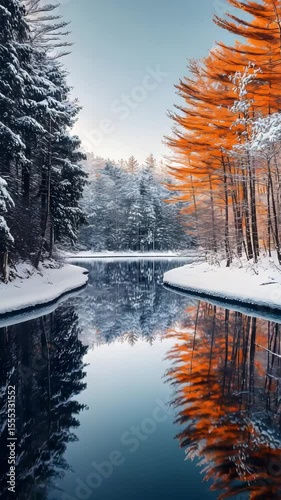 Beautiful Winter River With Snow Covered Banks And Vibrant Orange Trees Reflected On Calm Water Under Clear Blue Sky

