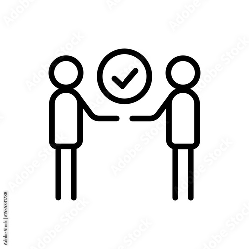 Partnership deal line icon. Handshake between two persons with checkmark. Agreement, contract verification pictogram. Trust and business cooperation vector illustration. Investors meeting