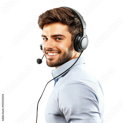 Smiling young man with headset providing customer support, wearing blue shirt and looking at camera, isolated on white background in professional setting