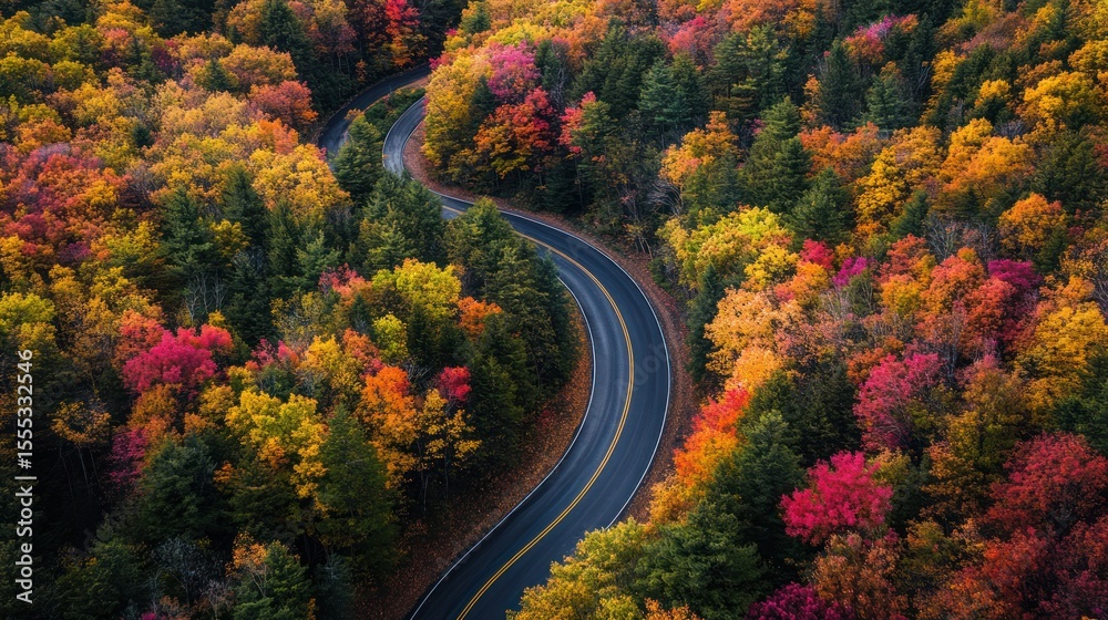 Fototapeta premium Autumnal Road Serenity: A Winding Path Through Vibrant Fall Foliage Splendor