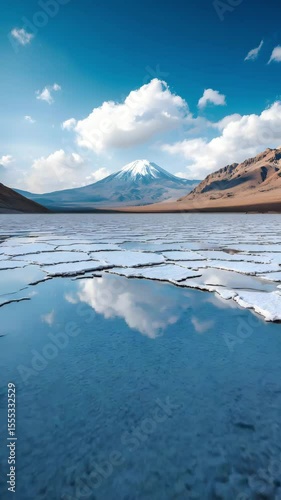 Snow Covered Salt Flat With Reflections And Majestic Mountain Peak Under Bright Blue Sky Creating Stunning Landscape

