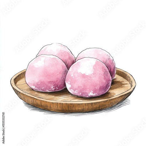 Pink mochi on a wooden plate