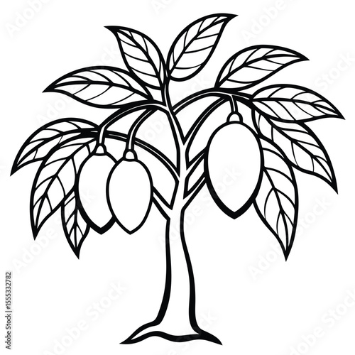 Simple black and white line drawing of a fruit tree laden with three oval fruits and lush green leaves