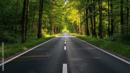Asphalt road stretches through lush greenery beneath a verdant forest canopy