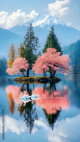 Beautiful Pink Blossoms And Evergreen Trees Reflected On Mountain Lake With Swans Under Clear Blue Sky In Spring

