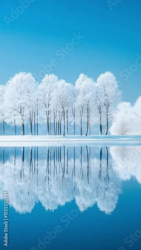 Peaceful Winter Snow Covered Trees Reflected On Calm Blue Water Under Clear Sky Creating Serene And Tranquil Scene

