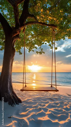 Peaceful Beach Swing Hanging From Tree With Golden Sunset Over Calm Ocean Waves In Beautiful Tropical Paradise

