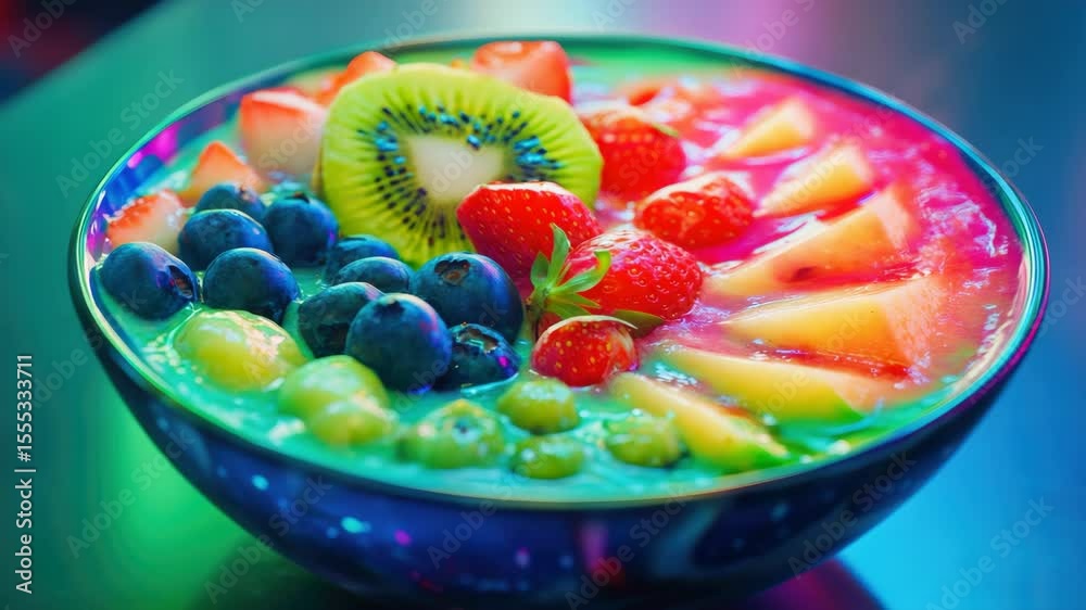 A vibrant and colorful fruit salad served in a glass bowl, featuring blueberries, strawberries, watermelon, and other healthy ingredients.