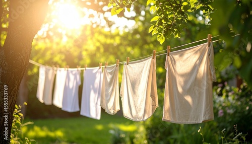 Wallpaper Mural Sun-Drenched Laundry Hanging on a Clothesline in a Lush Garden Torontodigital.ca