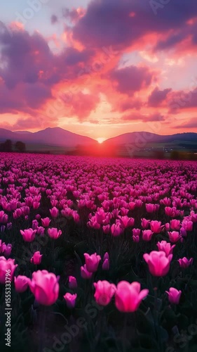 Stunning Pink Tulip Flower Field At Sunset With Vibrant Clouds And Mountains In Beautiful Scenic Spring Landscape

