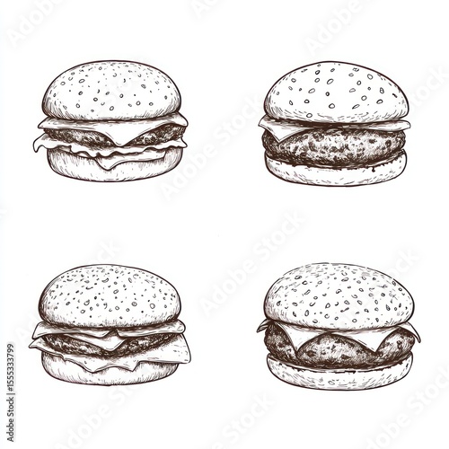 Four hand-drawn vintage burger illustrations