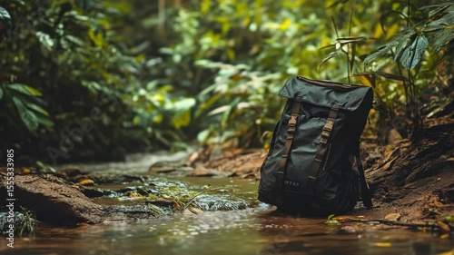 A backpack near a forest creek, symbolizing outdoor adventure and exploration.