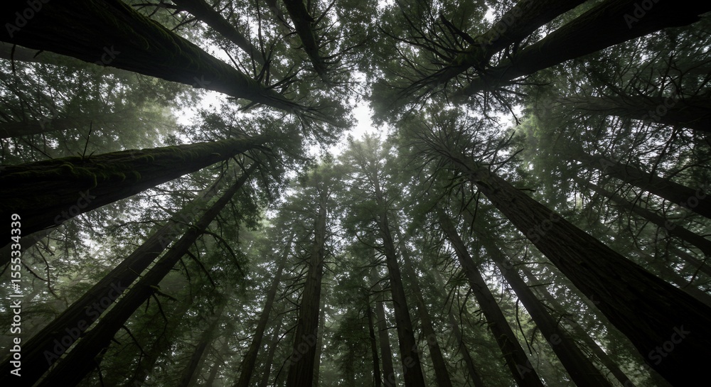 Obraz premium Misty Redwood Forest Canopy Low Angle View