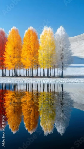 Vibrant Autumn And Winter Trees Reflected On Calm Water With Colorful Foliage And Snow Under Bright Blue Sky

