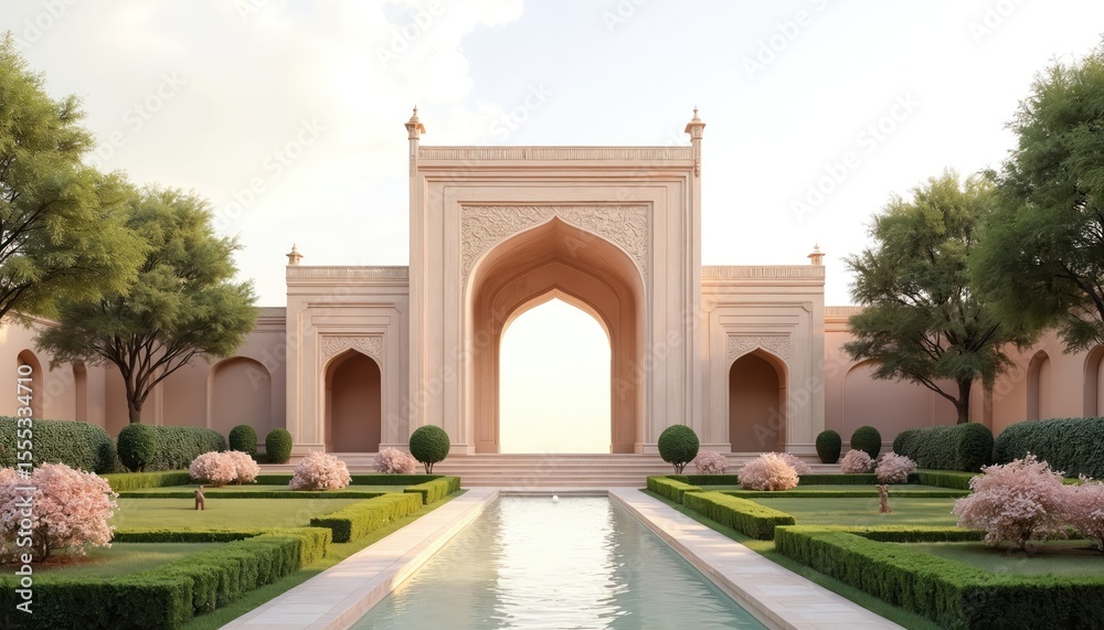 Fototapeta premium Exterior view of ornate Islamic architecture with water pool, symmetrical garden, arch. Pinkish-beige building design with decorative elements. Green trees, shrubs, bushes. Calm atmosphere, travel,
