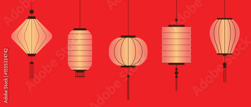 Set of glowing Chinese lanterns with tassels on red background. Asian decorations collection. Hanging paper lamp for Chinese New Year celebration, music festival. Vector illustration.