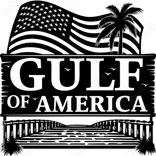 Gulf of America Coastal Design: US Flag, Palm Tree, and Pier View