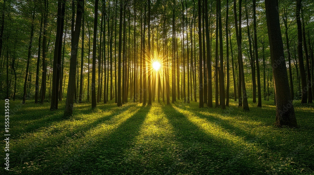 Fototapeta premium Sunlight streams through forest canopy