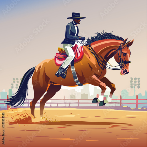 A bold vector of a cowboy mid-jump on a strong rodeo horse, wearing colorful western clothes, hat blowing back, captured in motion against a bright, minimal background.