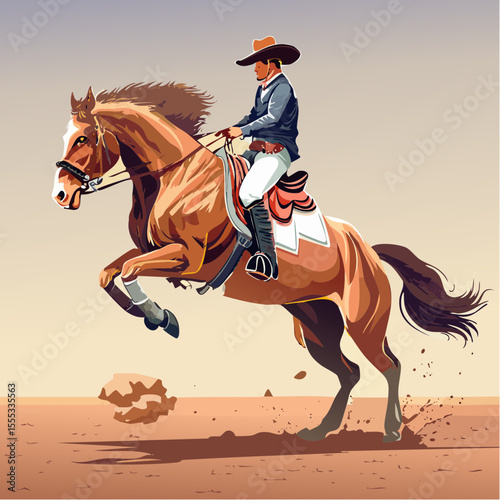 A bold vector of a cowboy mid-jump on a strong rodeo horse, wearing colorful western clothes, hat blowing back, captured in motion against a bright, minimal background.