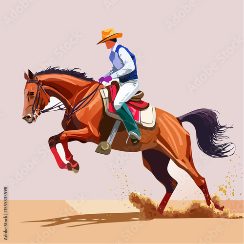 A bold vector of a cowboy mid-jump on a strong rodeo horse, wearing colorful western clothes, hat blowing back, captured in motion against a bright, minimal background.