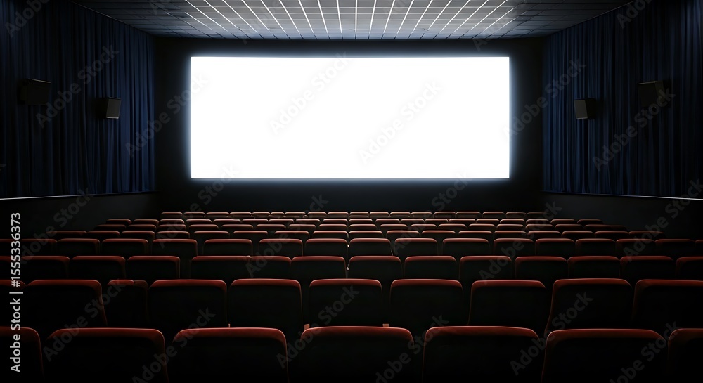 Fototapeta premium Empty Movie Theater with Bright Screen and Red Seats, Awaiting the Show, Creating a Sense of Anticipation and Cinematic Wonder