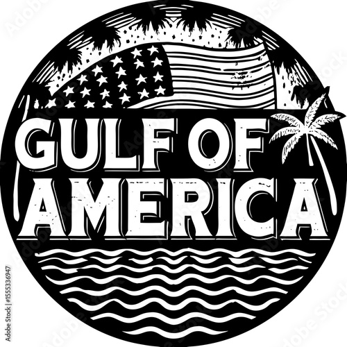 Gulf of America Circle Badge: Distressed US Flag & Palm Tree Silhouette