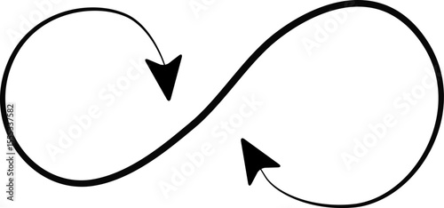 Arrow forming a continuous, looped path resembling an infinity symbol with a gradually thinning stroke.