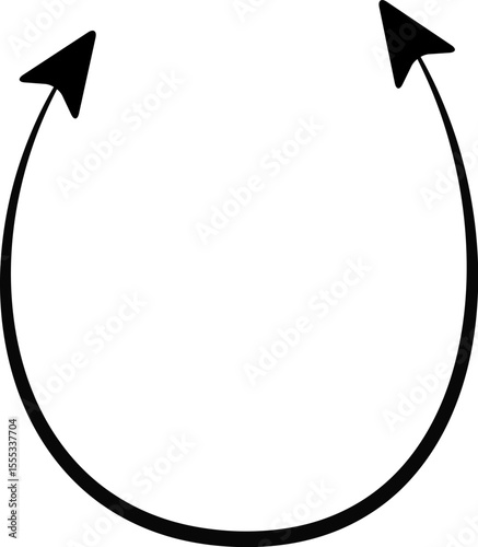 Horseshoe-shaped arrow curves around in a U-form and splits into two opposing directions with tapering stroke.