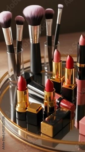 Makeup brushes and lipsticks arranged on a mirrored tray  
