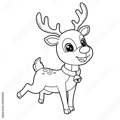 A cheerful cartoon reindeer with large antlers and sparkling eyes prances joyfully. It wears a jingling bell collar and has playful spots on its back, radiating festive charm in motion.