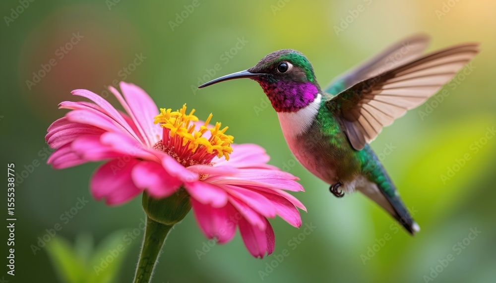 Fototapeta premium Fiery-throated hummingbird bird flying next to pink flower. Small exotic avian next beautiful bloom. Nature wildlife photo with color image, copy space. Tropical paradise travel destination.