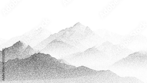 Mountain landscape stipple silhouette vector illustration on white background. Abstract graphic design for travel and nature concept.