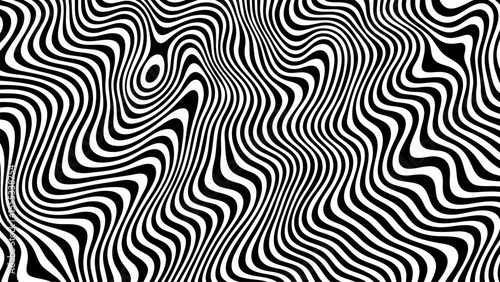 Abstract black and white wavy striped pattern creating an optical illusion. Groovy psychedelic background for modern design.