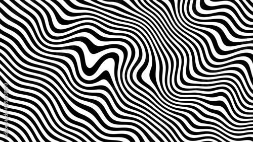 Black and white abstract wavy lines pattern creating an optical illusion. Groovy background with distort effect for modern design.