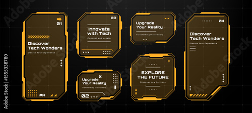 Futuristic hud text box frame templates. Digital high tech cyber user interface elements for information display.