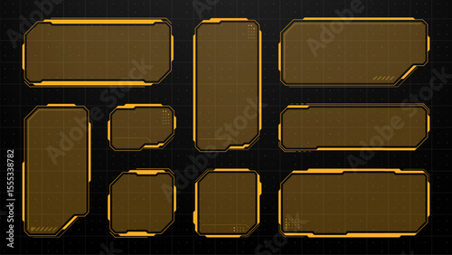 Hud text box frame vector element set for game interface and digital ui design. Futuristic tech display with orange outline.