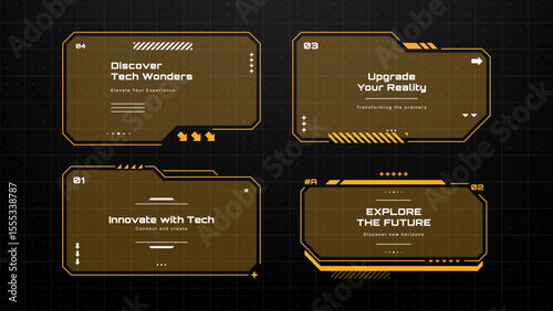 Orange heads up display text boxes on grid, hud frame with futuristic design for data and virtual interface element