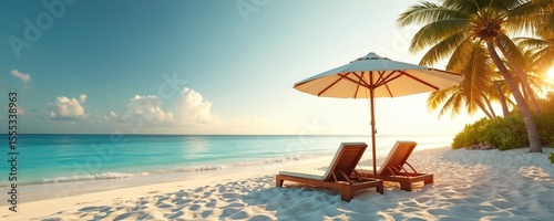 Tropical beach with white sand coco palms, sun umbrella, deck chairs. Panorama of amazing beach landscape travel concept. Turquoise ocean, blue sky. Perfect vacation, holiday, paradise resort,