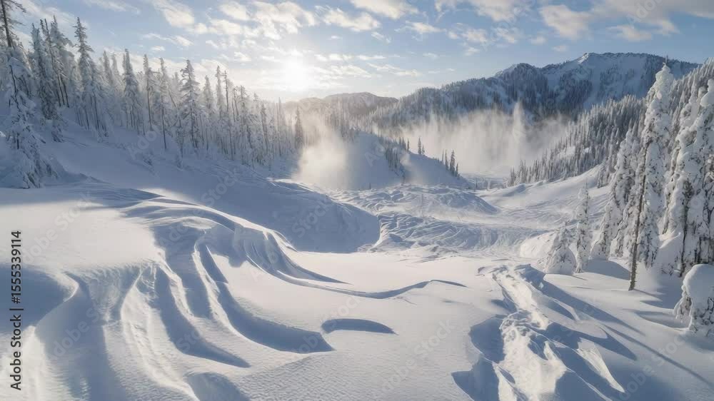 Snow-covered mountain trail with fresh powder and clear skies. Snow-covered mountain trail with fresh powder and clear skies.