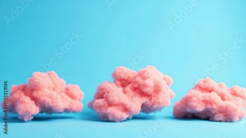 Three pink clouds are floating in the sky. They are all different sizes and are scattered across the blue sky