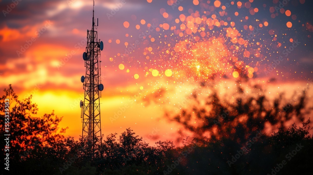 Naklejka premium Sunset, telecommunication tower, silhouetted trees