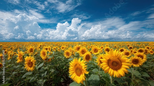 A vibrant sunflower field under a beautiful blue sky filled with fluffy white clouds