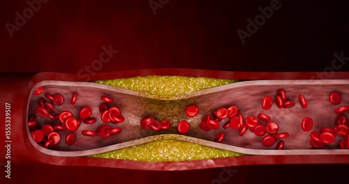 Blocked artery filled with accumulation of fat, cholesterol plaques, blood clots, unhealthy foods, and sugary beverages, illustrating risks of heart disease, stroke, and vascular damage. 3D rendering.
