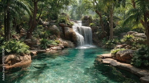 Serene waterfall cascading into a crystal-clear pool amidst lush greenery