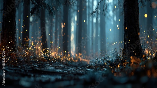 Enchanted forest path illuminated by ethereal glowing fireflies at twilight