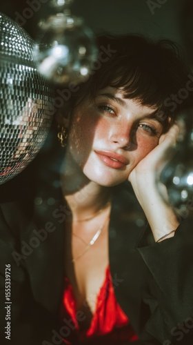 Elegant woman with disco balls evoking nostalgic and glamorous party vibes