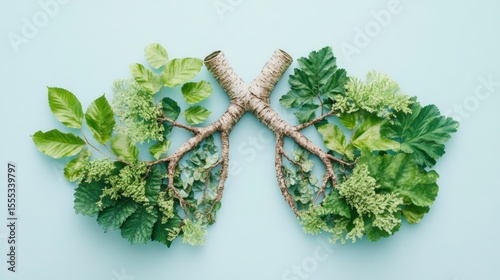 Green Nature Concept with Branches and Leaves on Blue Background