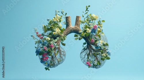 Lungs Made of Colorful Flowers and Greenery Against Blue Background